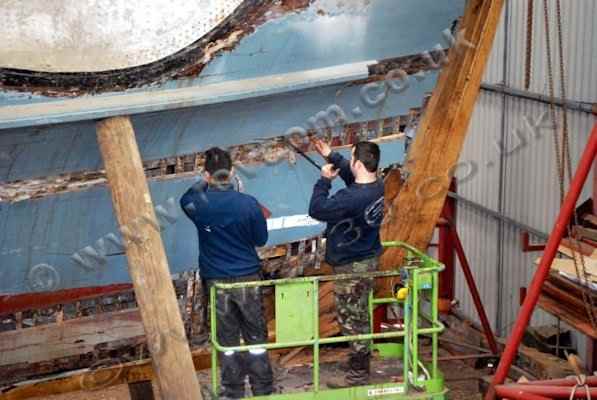 S130 - Removing hull planking to assess structural condition of the bow area