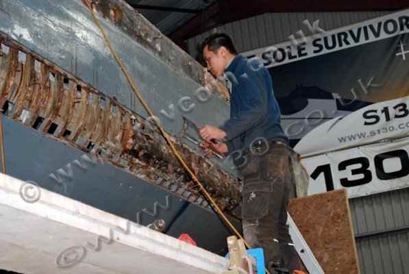 S130 - Removing hull planking to assess structural condition of the bow area